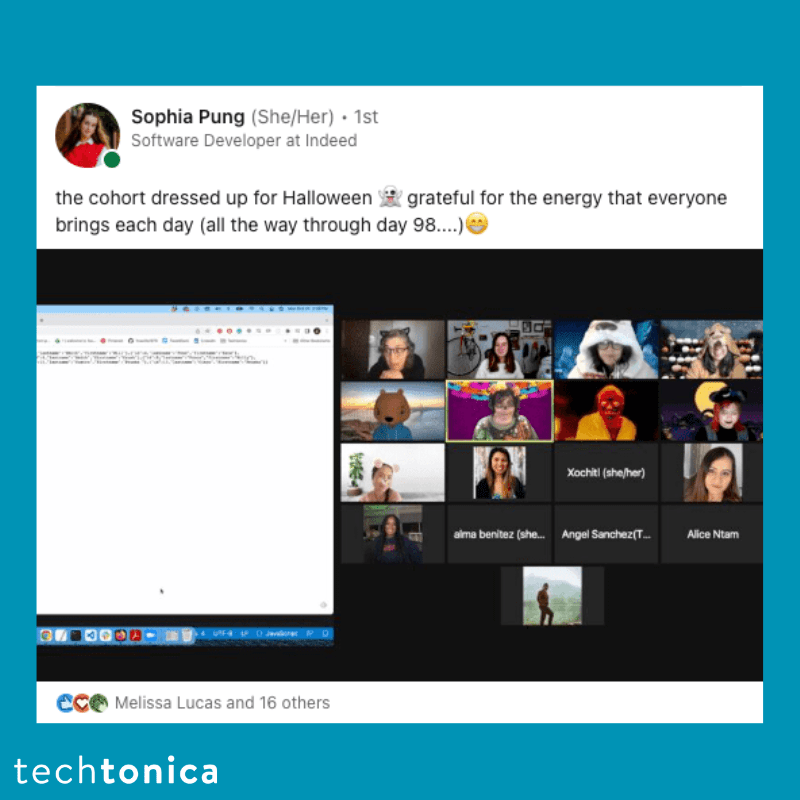 Sophia Pung's LinkedIn post showing a Halloween-themed cohort in a Zoom meeting, expressing gratitude for the group's energy.